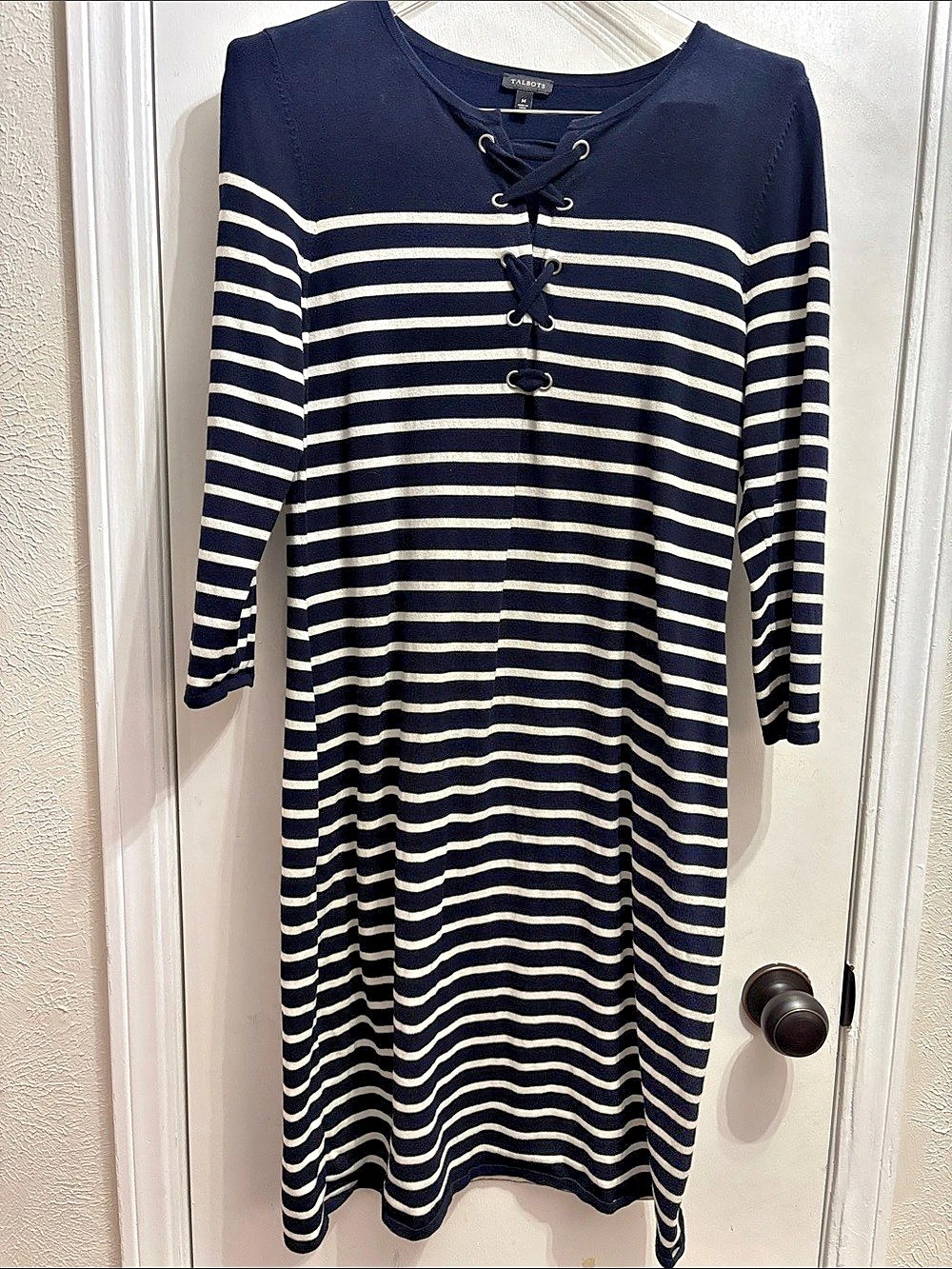 Talbots Striped Lace-Up Midi Dress in Blue & White Size Medium